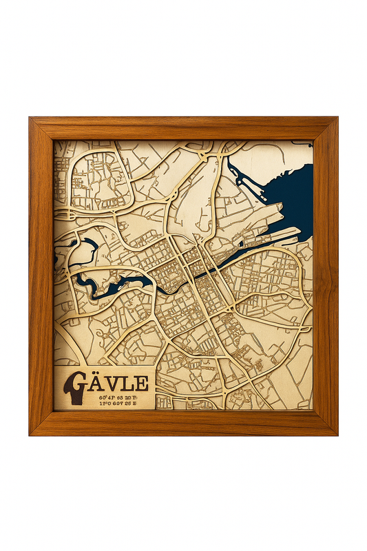 Gävle – Handgjord 3D-karta i trä (320 x 320 mm)